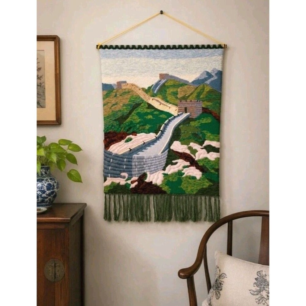 Vintage Chinese 3D Hand Embroidered Great Wall Tapestry Wall Hanging 24.5x31